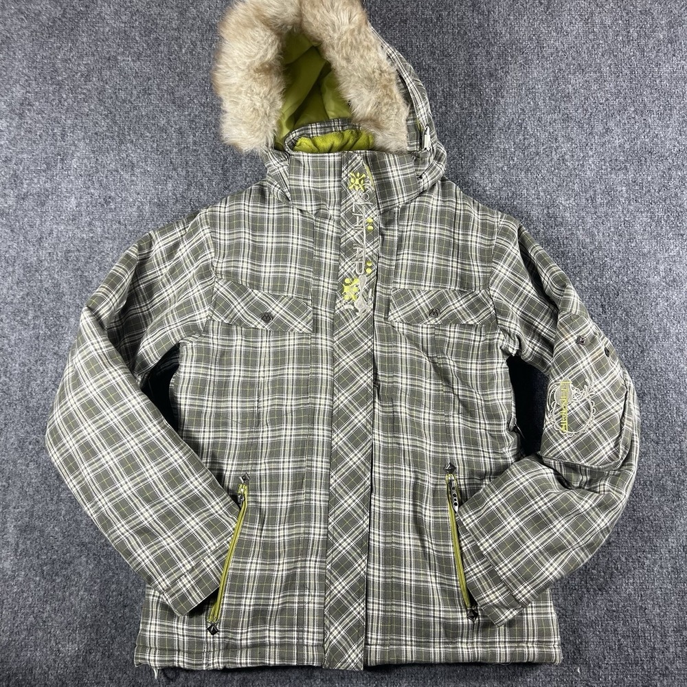 Lamax Plaid Ski Snowboard Jacket Womens Large Faux Fur Hood Hooded Winter